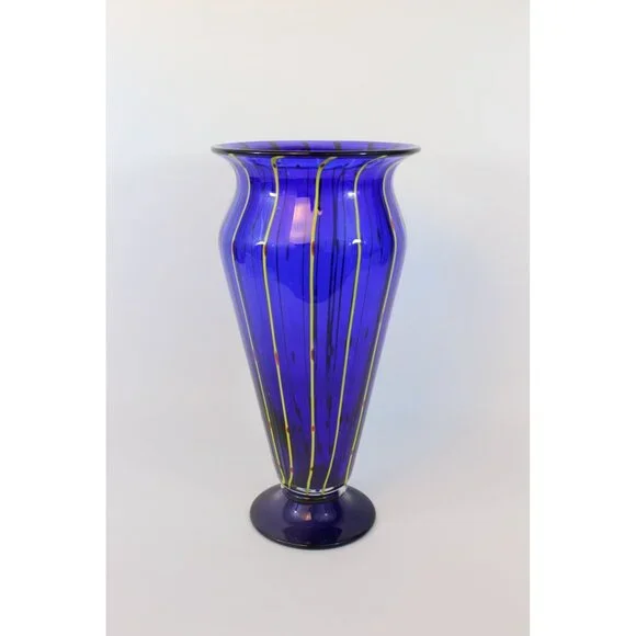 Hand Blown Cobalt Blue Art Glass Vase 12” Pulled Line Design Pedestal Foot Mexic
